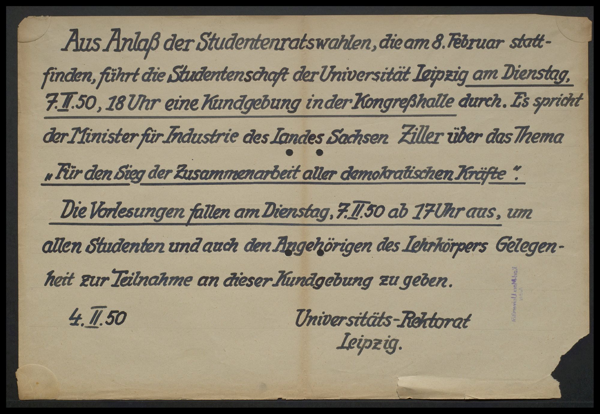 Rektorat: Kundgebung aus Anlass der Studentenratswahlen - Vorlesungsausfall