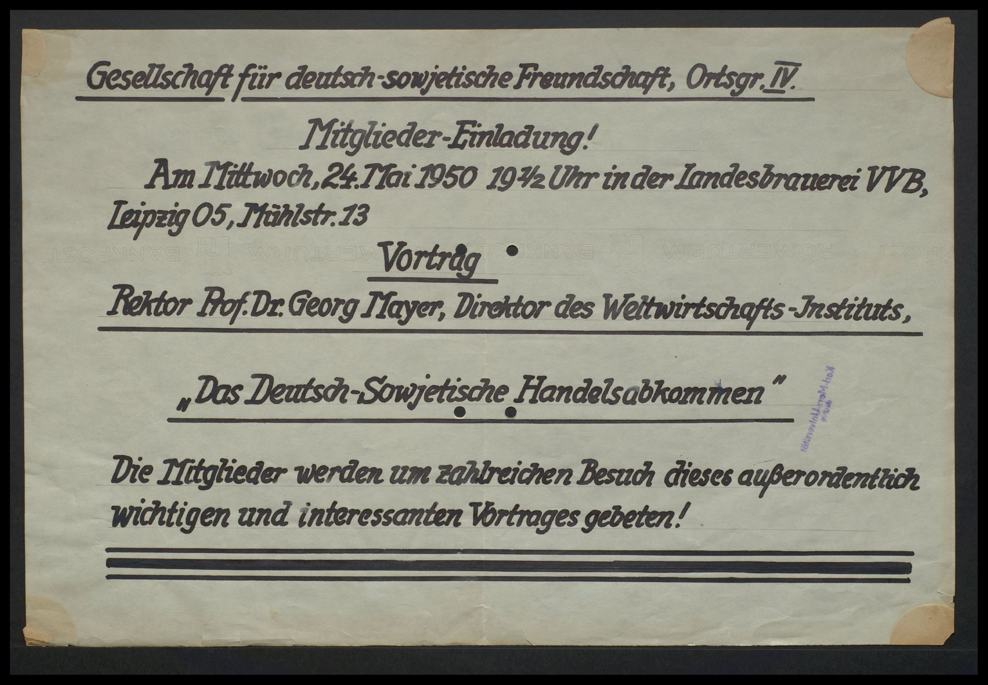 Gesellschaft für deutsch-sowjetische Freundschaft: Vortrag Rektor Georg Mayer "Das Deutsch-Sowjetische Handelsabkommen"