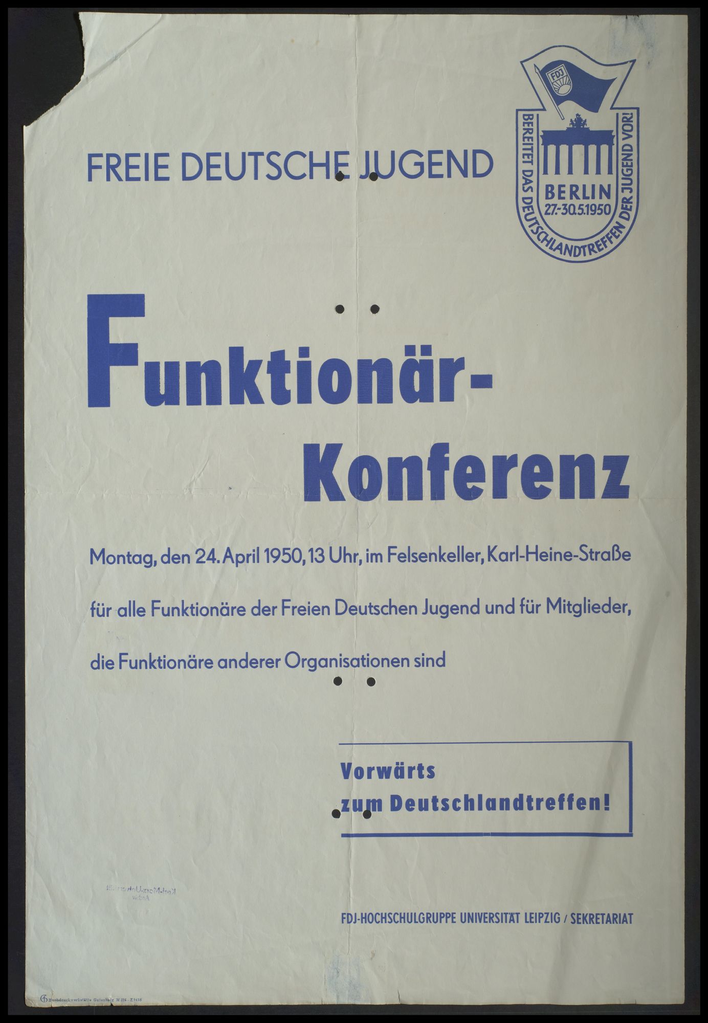 FDJ-Hochschulgruppe der Universität Leipzig: Funktionärskonferenz der FDJ "Vorwärts zum Deutschlandtreffen!"