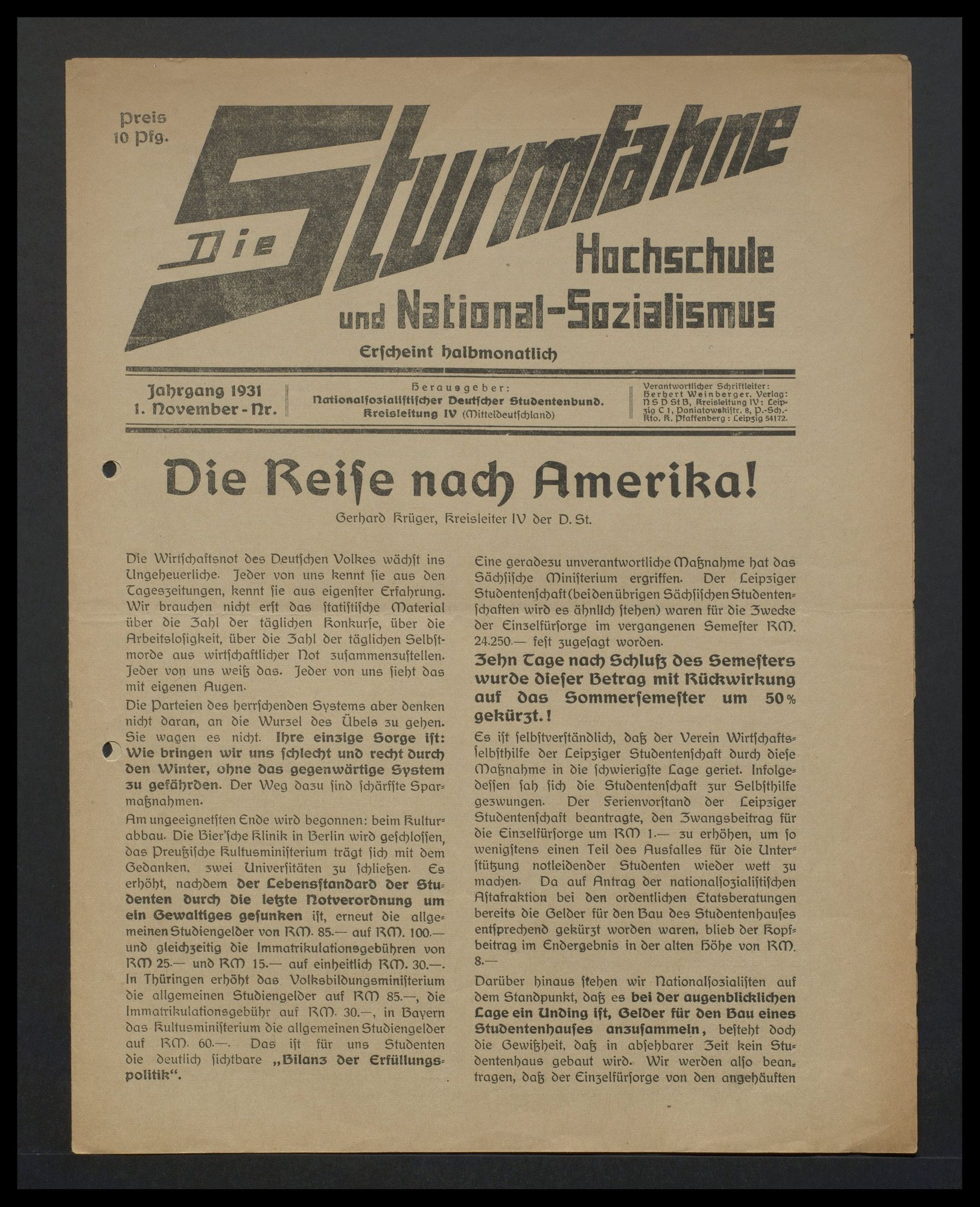 Flugblatt "Die Sturmfahne. Hochschule und Nationalsozialismus" -Jahrgang 1931, 1. November-Nr., S. 1: "Die Reise nach Amerika!"