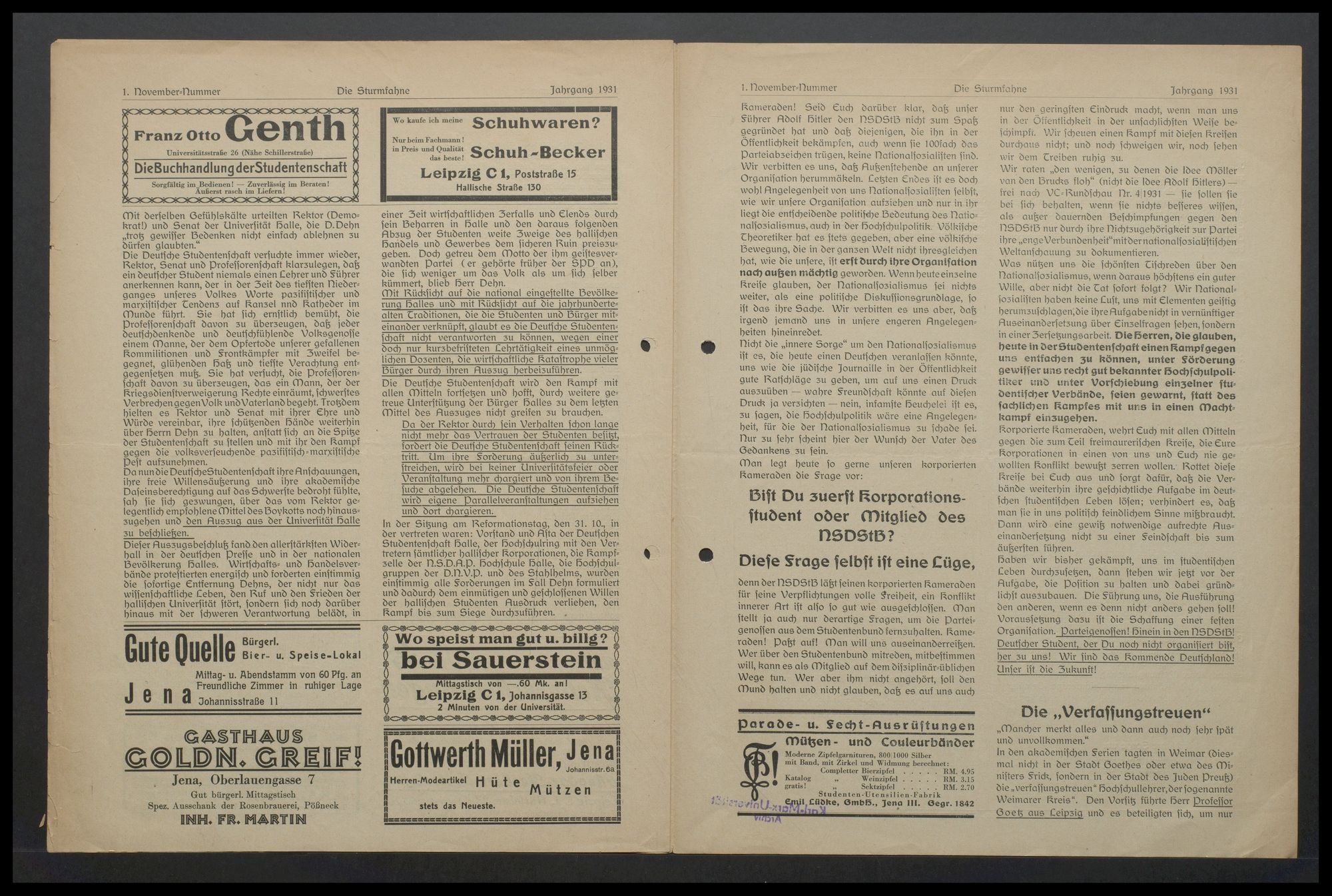 Flugblatt "Die Sturmfahne. Hochschule und Nationalsozialismus" -Jahrgang 1931, 1. November-Nr., S. 4, 5