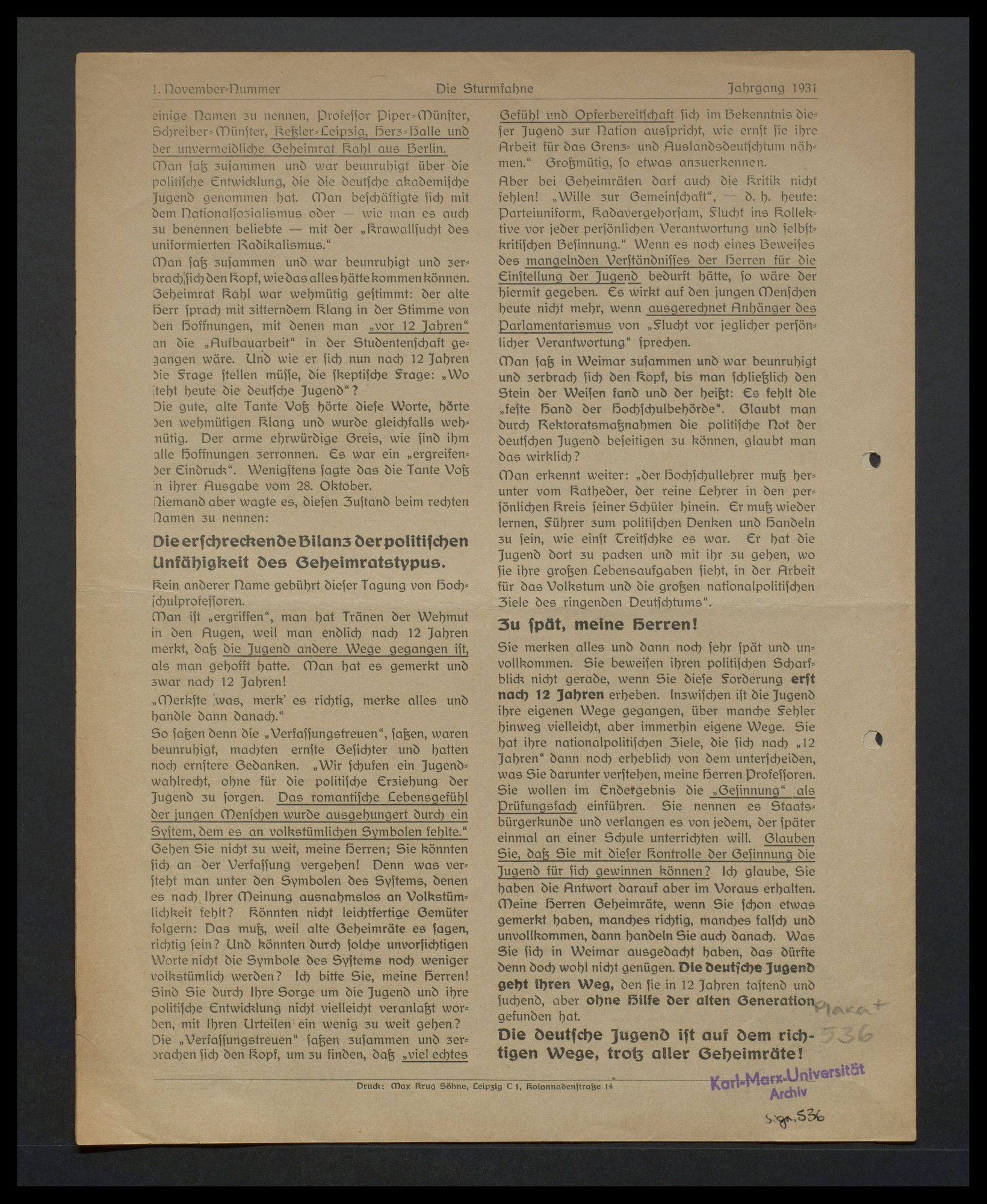 Flugblatt "Die Sturmfahne. Hochschule und Nationalsozialismus" -Jahrgang 1931, 1. November-Nr., S. 6