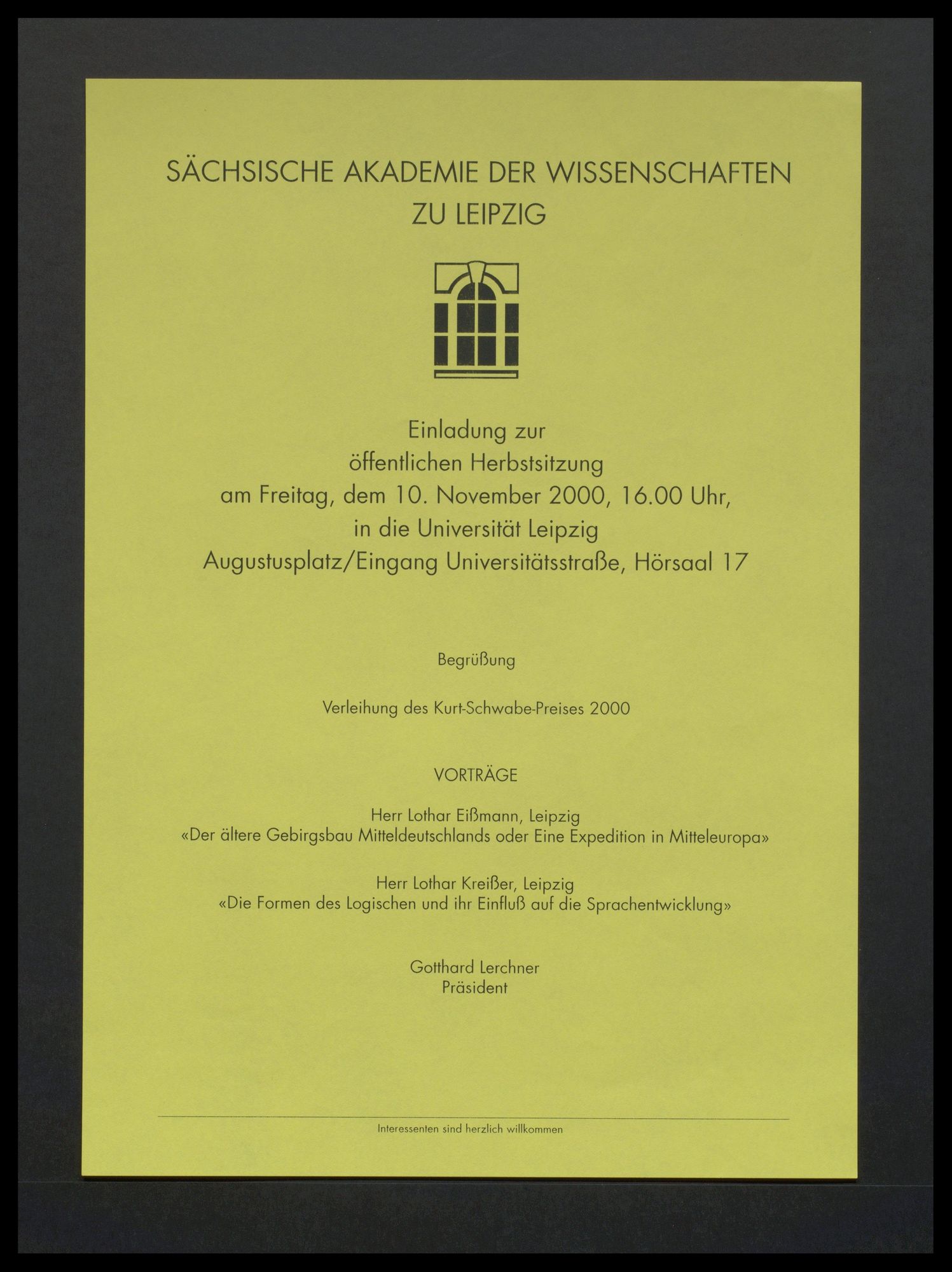 Sächsische Akademie der Wissenschaften zu Leipzig: Öffentlichen Herbstsitzung mit Verleihung des Kurt-Schwabe-Preises 2000