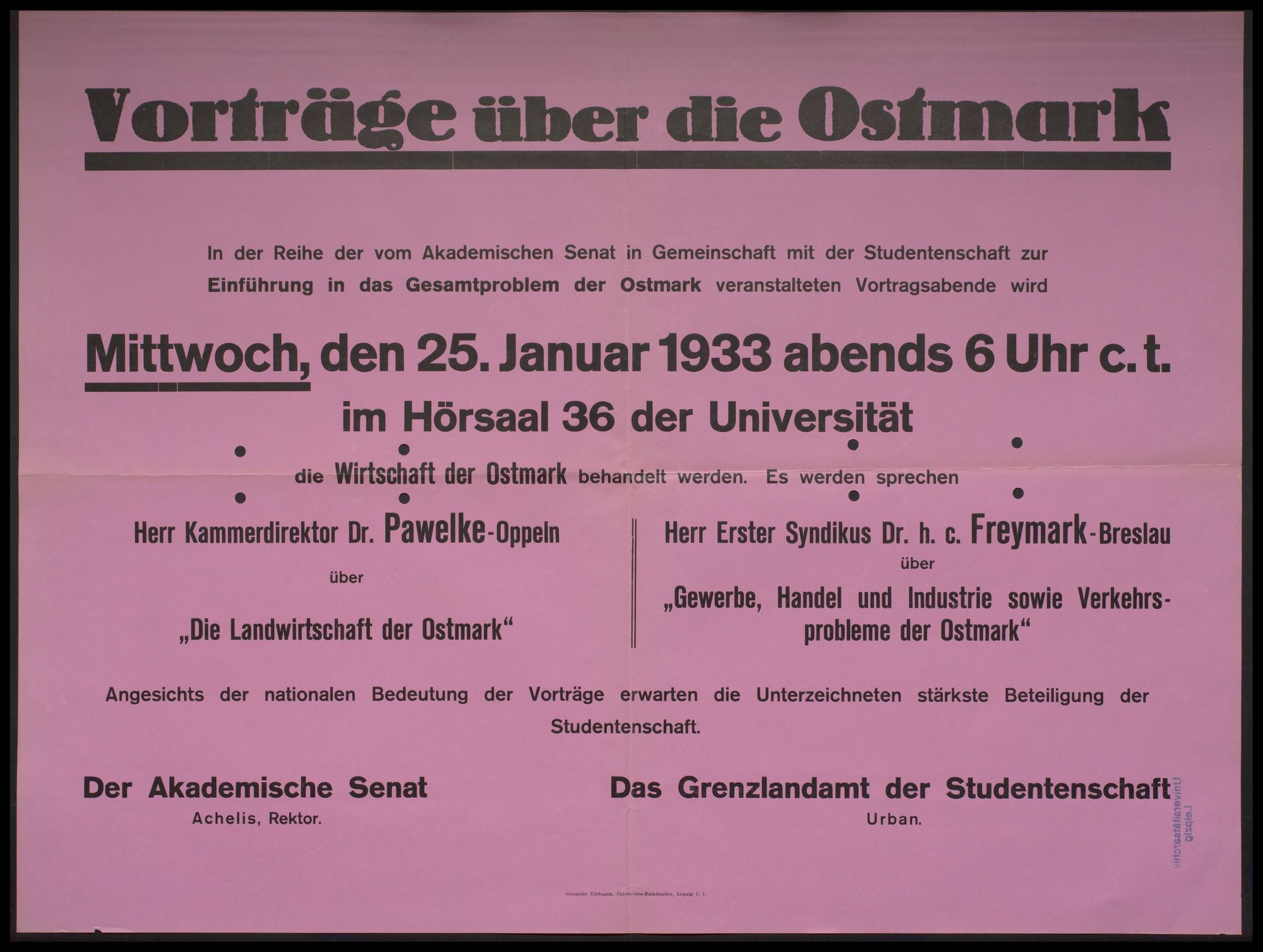 Akademischer Senat/Rektor, Grenzlandamt der Studentenschaft: Vorträge über die Ostmark