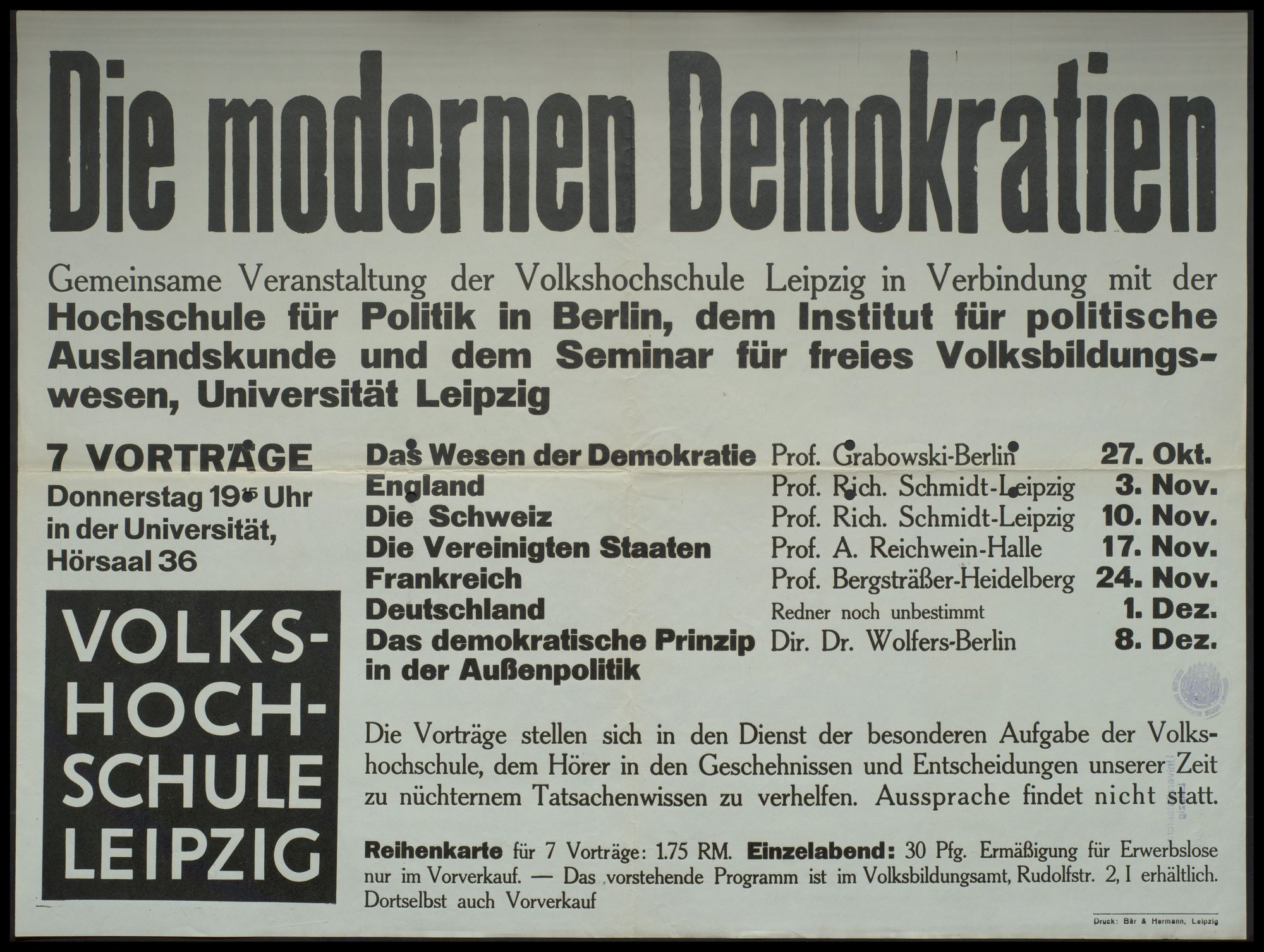 Volkshochschule Leipzig: Die modernen Demokratien - 7 Vorträge