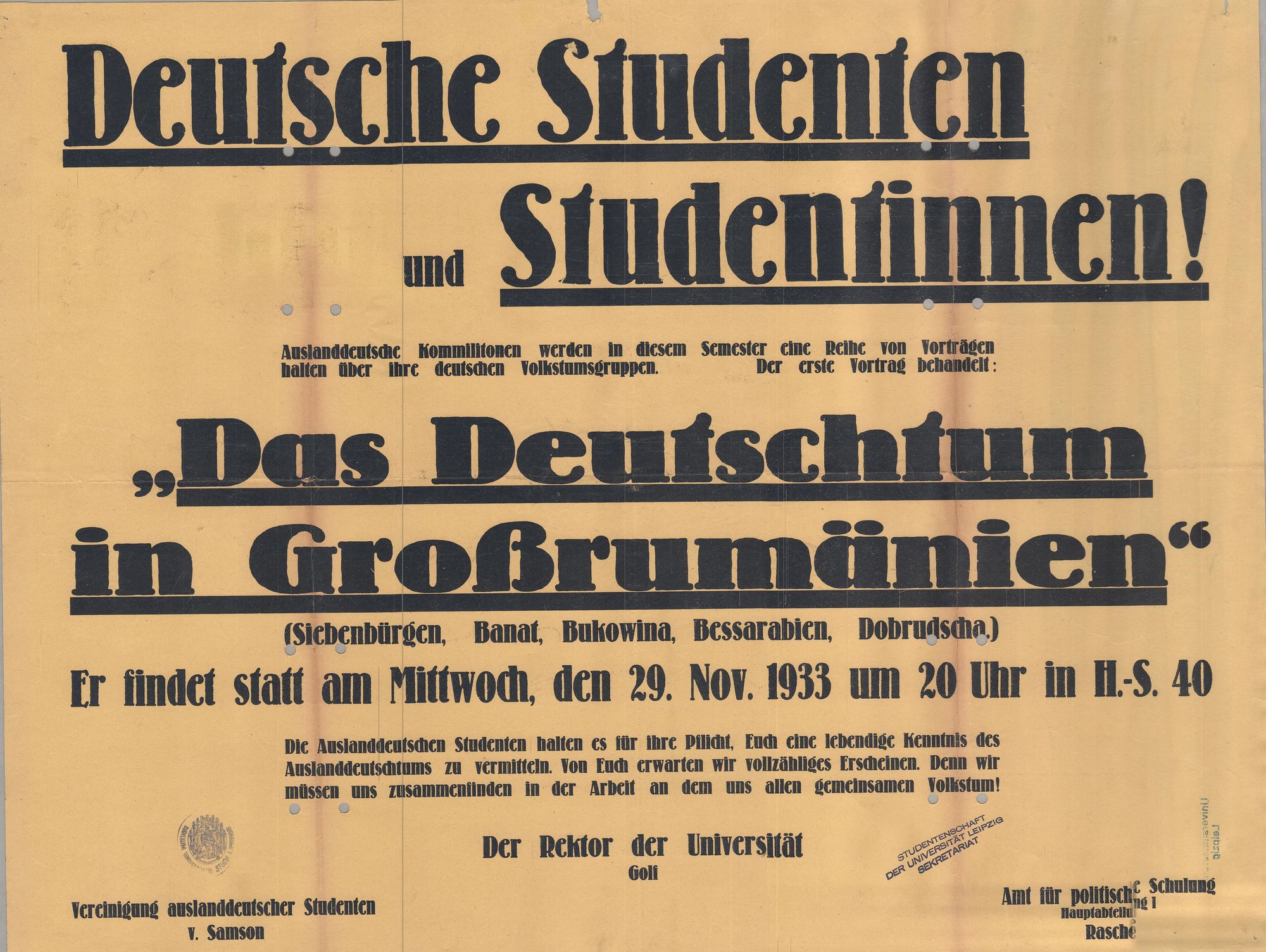 Rektor der Universität, Vereinigung auslandsdeutscher Studenten, Amt für politische Schulung: Vortrag "Das Deutschtum in Großrumänien"