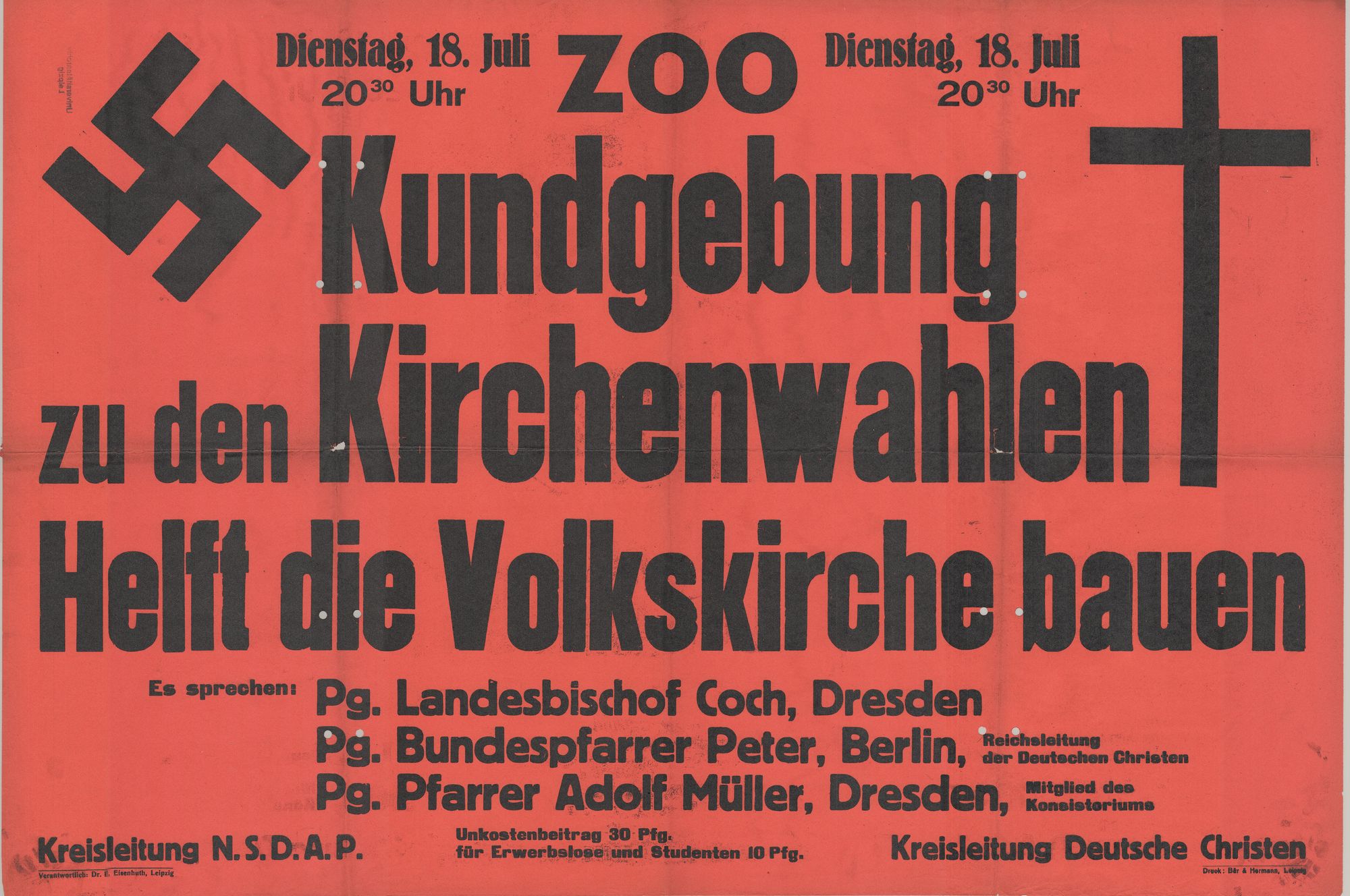Kreisleitung NSDAP, Kreisleitung Deutsche Christen: Kundgebung zu den Kirchenwahlen "Helft die Volkskirche bauen"
