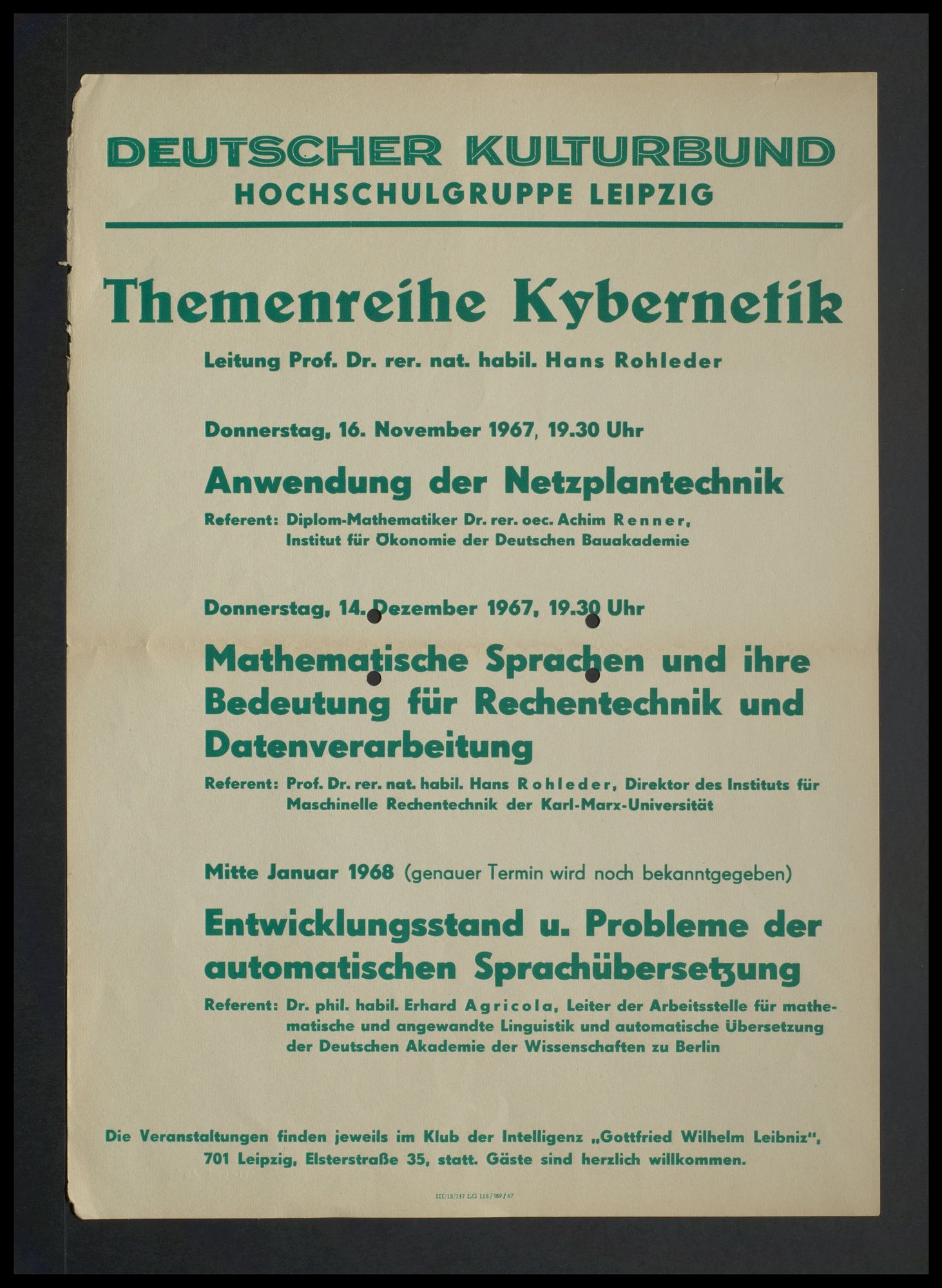 Deutscher Kulturbund, Hochschulgruppe Leipzig: Themenreihe Kybernetik