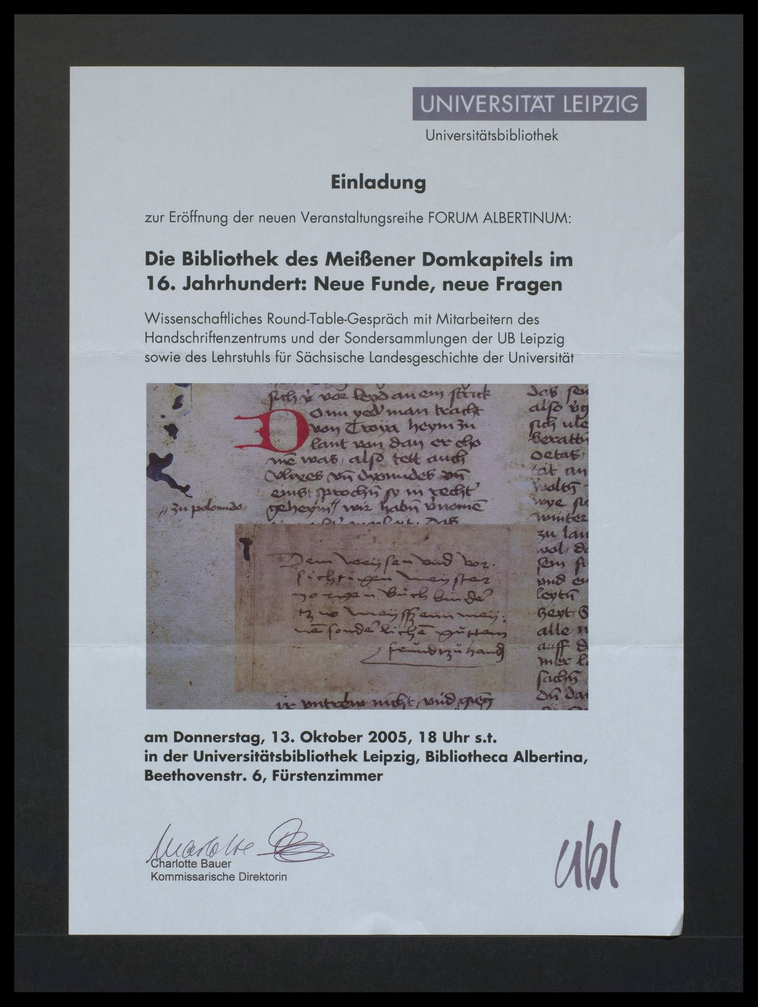 Universitätsbibliothek Leipzig Bibliotheca Albertina: Veranstaltungsreihe Forum Albertinum "Die Bibliothek des Meißener Domkapitels im 16. Jahrhundert: Neue Funde, neue Fragen"