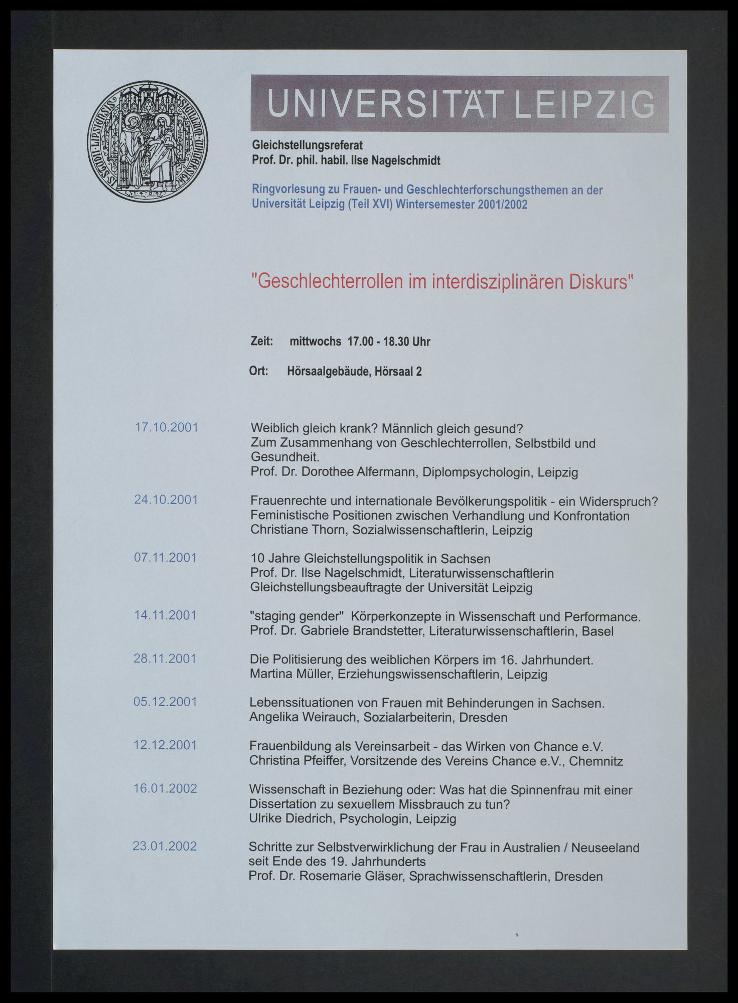 Universität Leipzig, Gleichstellungsreferat: Ringvorlesung zu Frauen- und Geschlechterforschungsthemen "Geschlechterrollen im interdisziplinären Diskurs" (Teil 16)