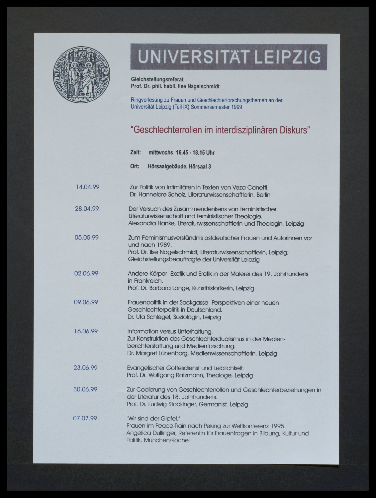 Universität Leipzig, Gleichstellungsreferat: Ringvorlesung zu Frauen- und Geschlechterforschungsthemen "Geschlechterrollen im interdisziplinären Diskurs" (Teil 9)