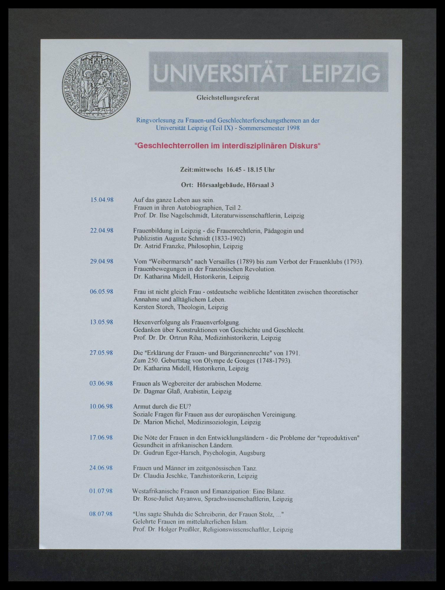 Universität Leipzig, Gleichstellungsreferat: Ringvorlesung zu Frauen- und Geschlechterforschungsthemen "Geschlechterrollen im interdisziplinären Diskurs" (Teil 9)