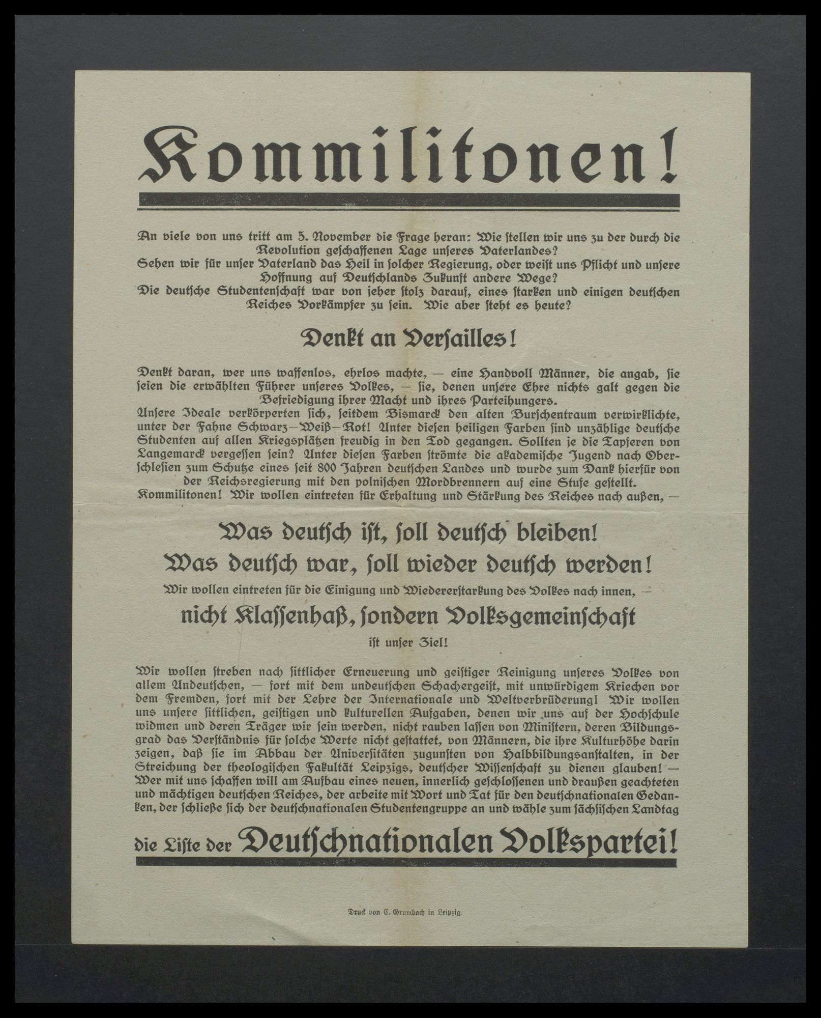 Wahlflugblatt Deutschnationale Volkspartei: "Kommilitonen! Denkt an Versailles! Was deutsch ist, soll deutsch bleiben!" (Vorderseite)