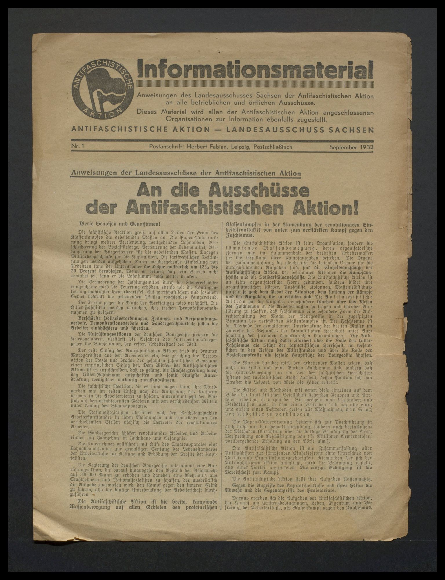 Antifaschistische Aktion, Landesausschuss Sachsen: Informationsmaterial (Vorderseite)