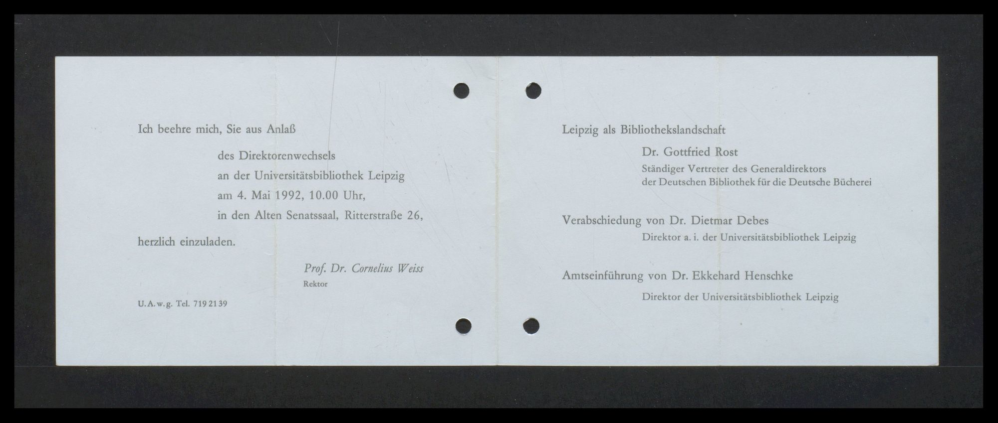 Universitätsbibliothek Leipzig: Direktorenwechsel - Verabschiedung von Dietmar Debes (Rückseite)